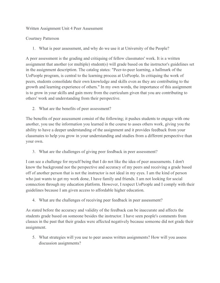 Peer Assessment for Written Assignment Unit 4