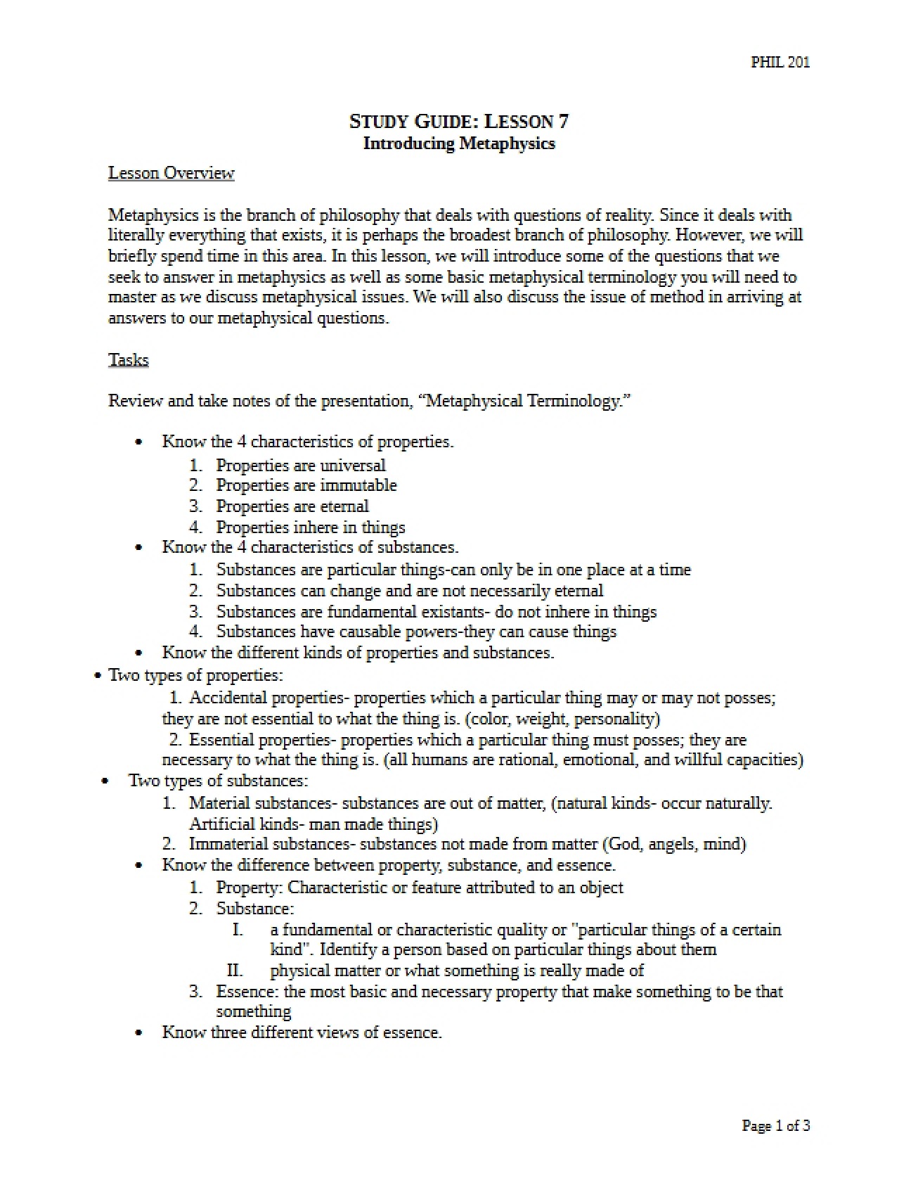 Seventh Lesson Study Guide for Philosophy - 3 Pages