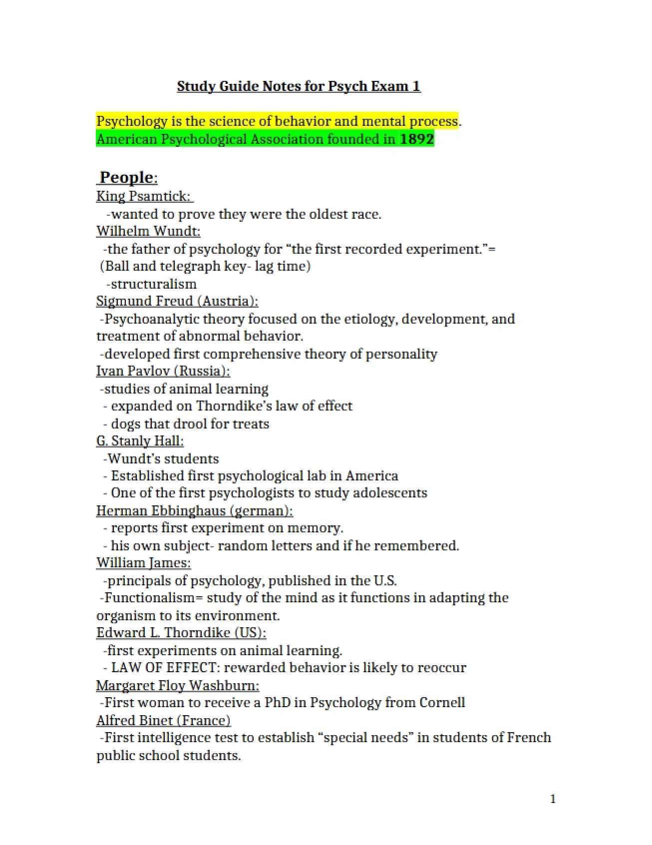 Study Guide Notes for the First Psychology Exam