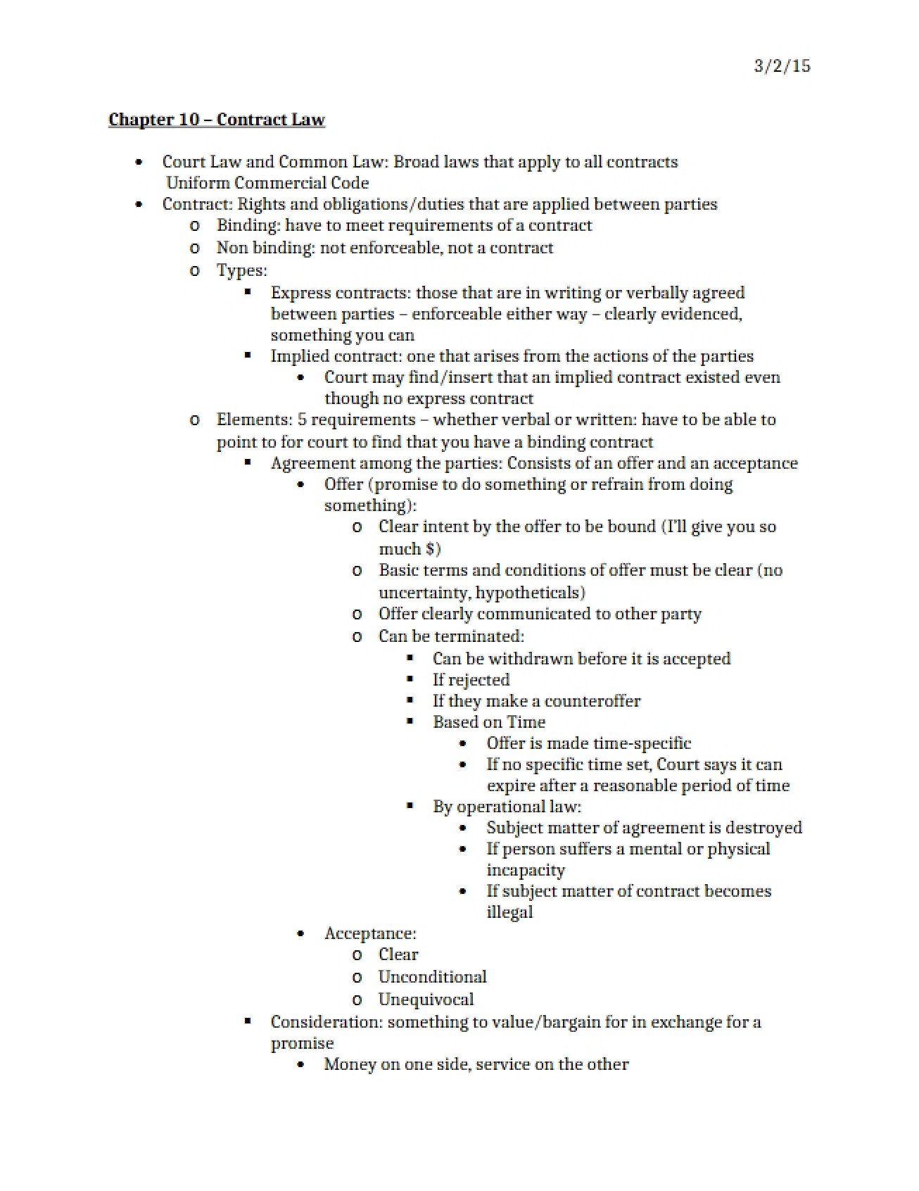 Contract Law - Chapter Ten - Part 1