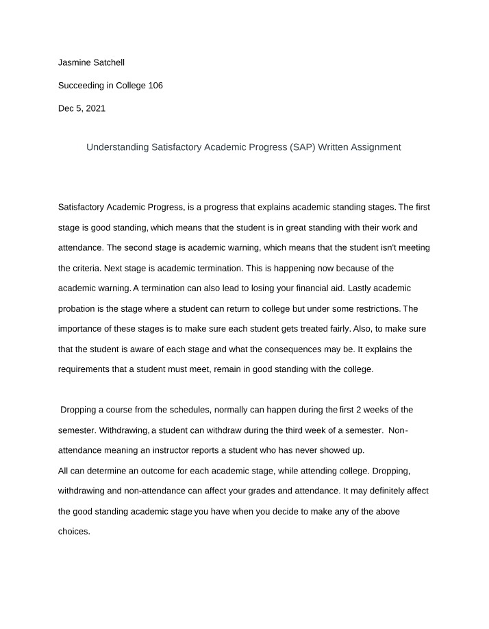 Written Assignment - Satisfactory Academic Progress (SAP)
