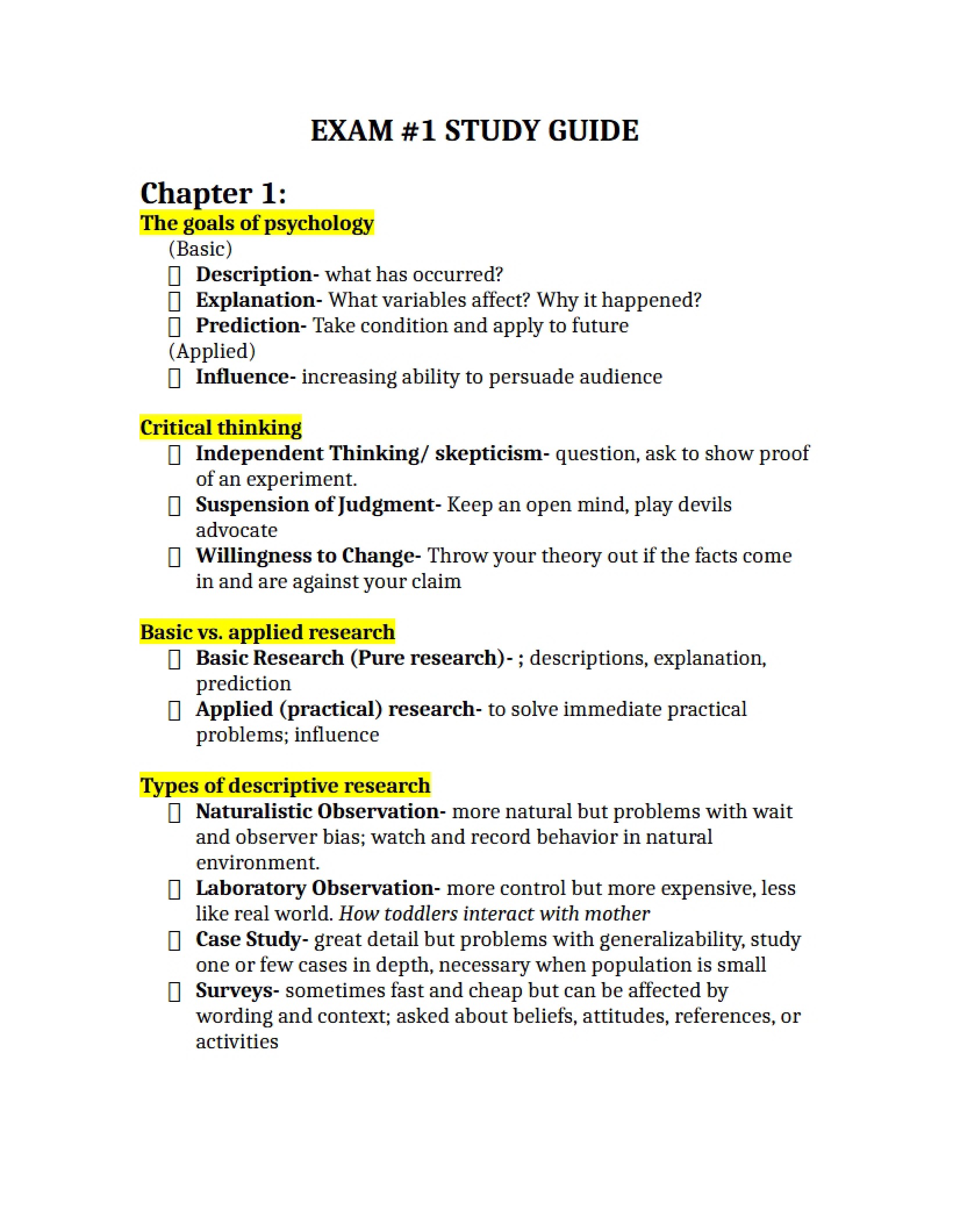 Study Guide Psychology Exam 1