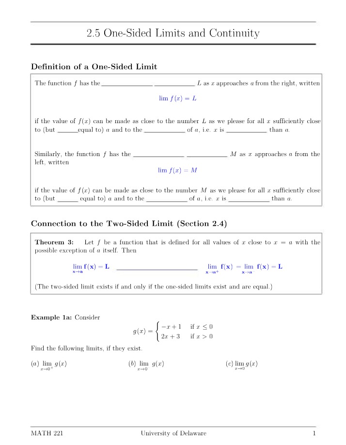 One-Sided Limits and Continuity