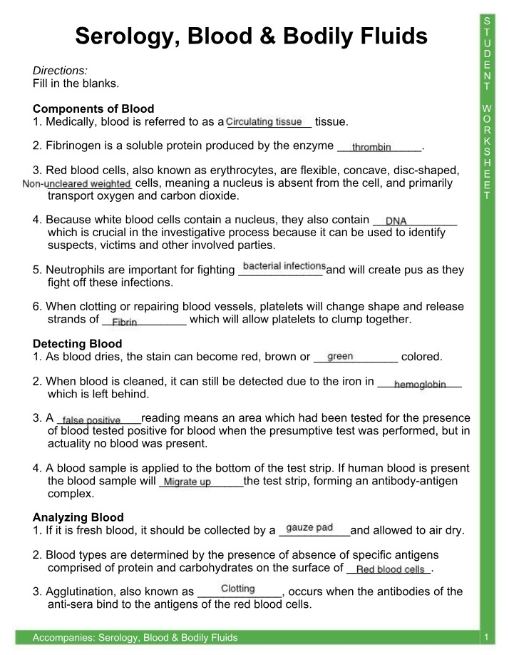 Worksheet on Serology, Blood, and Bodily Fluids