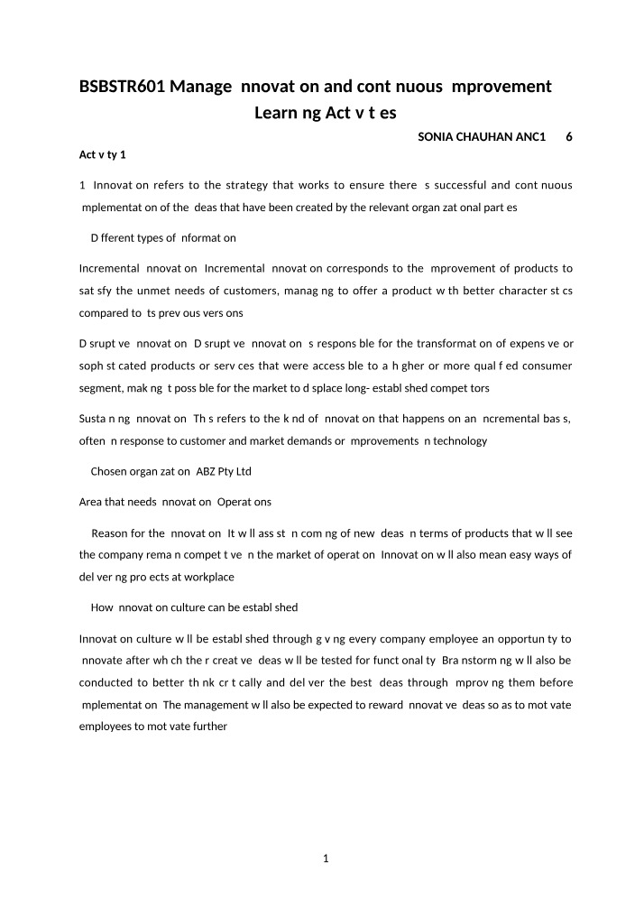 Innovation and Continuous Improvement - BSBSTR601 Learning Activities