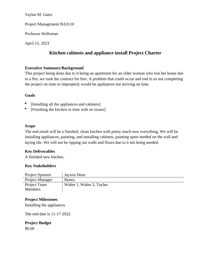 Project Charter for Kitchen Cabinets and Appliance Install