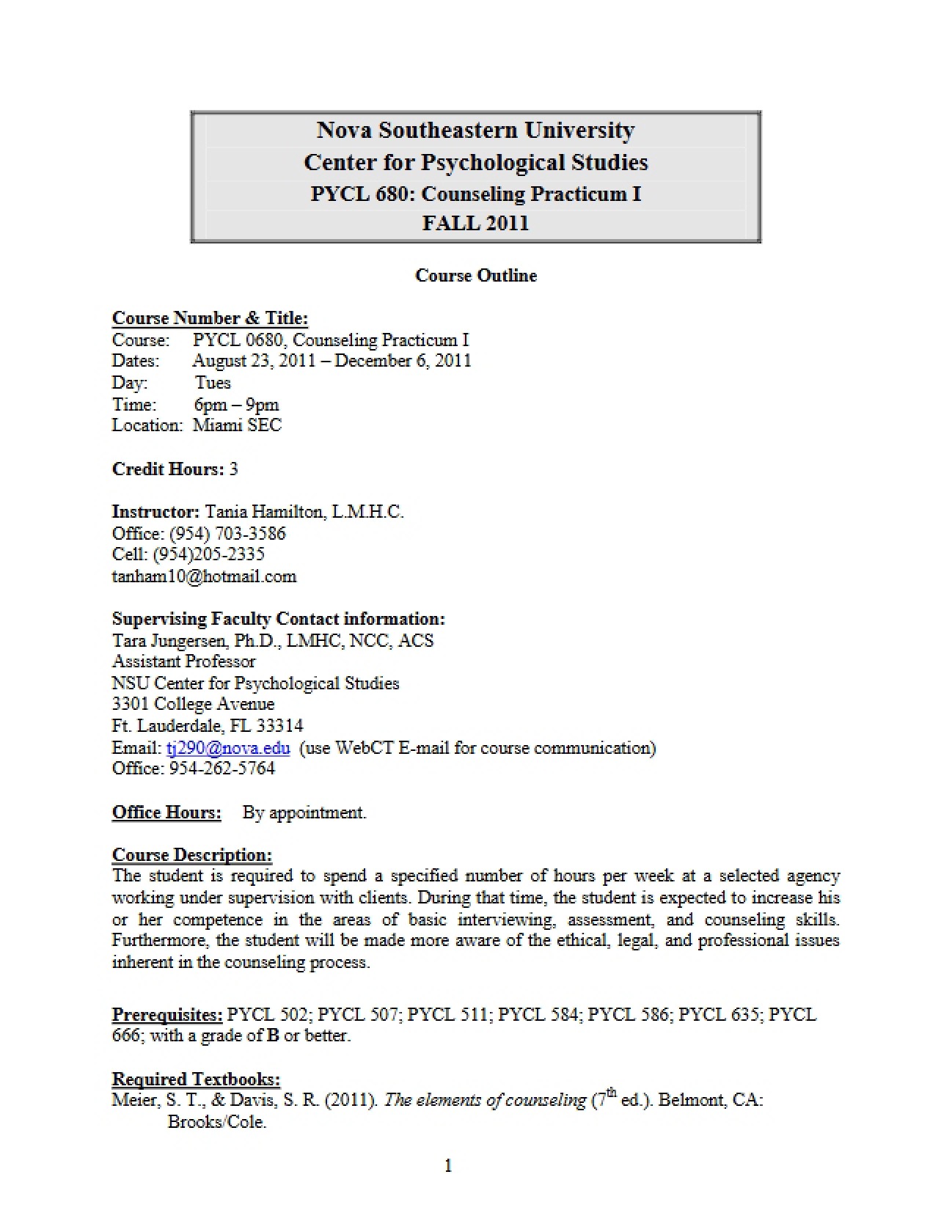 Syllabus for Counseling Practicum