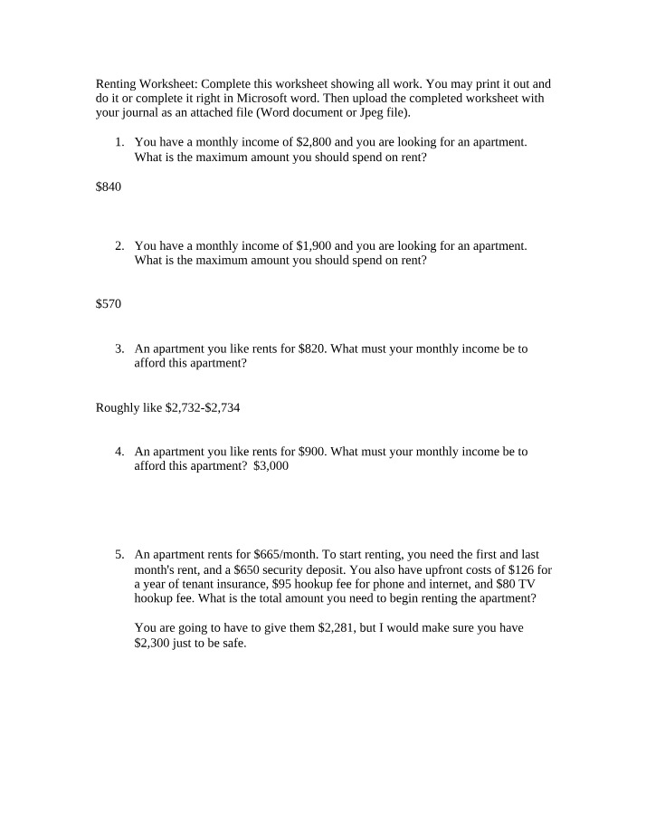 Worksheet on Renting