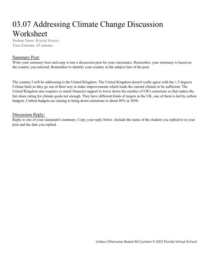Worksheet on Addressing Climate Change