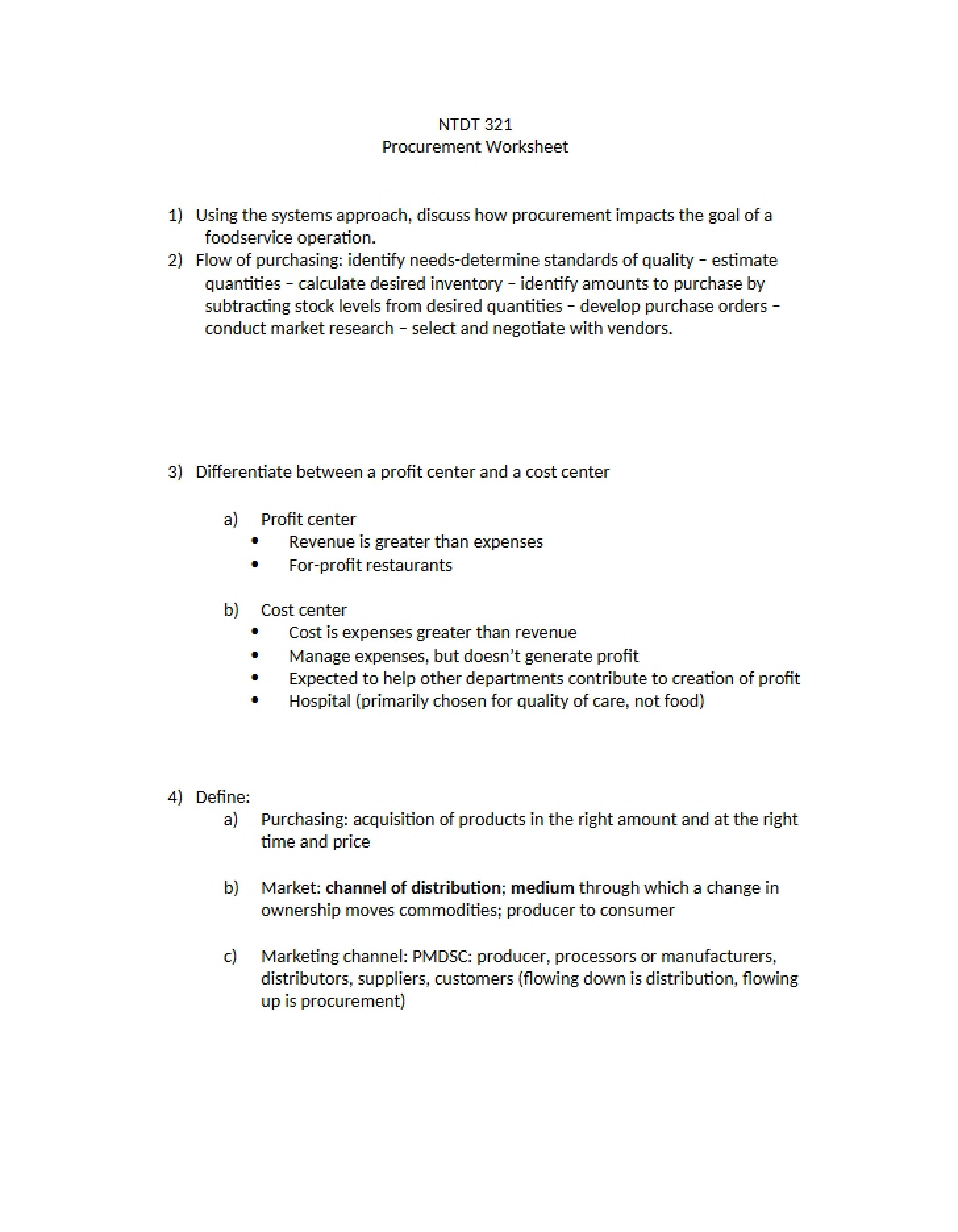 Worksheet for Production
