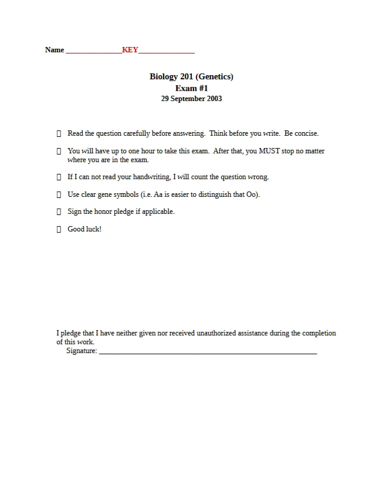 First Examination Answer Key