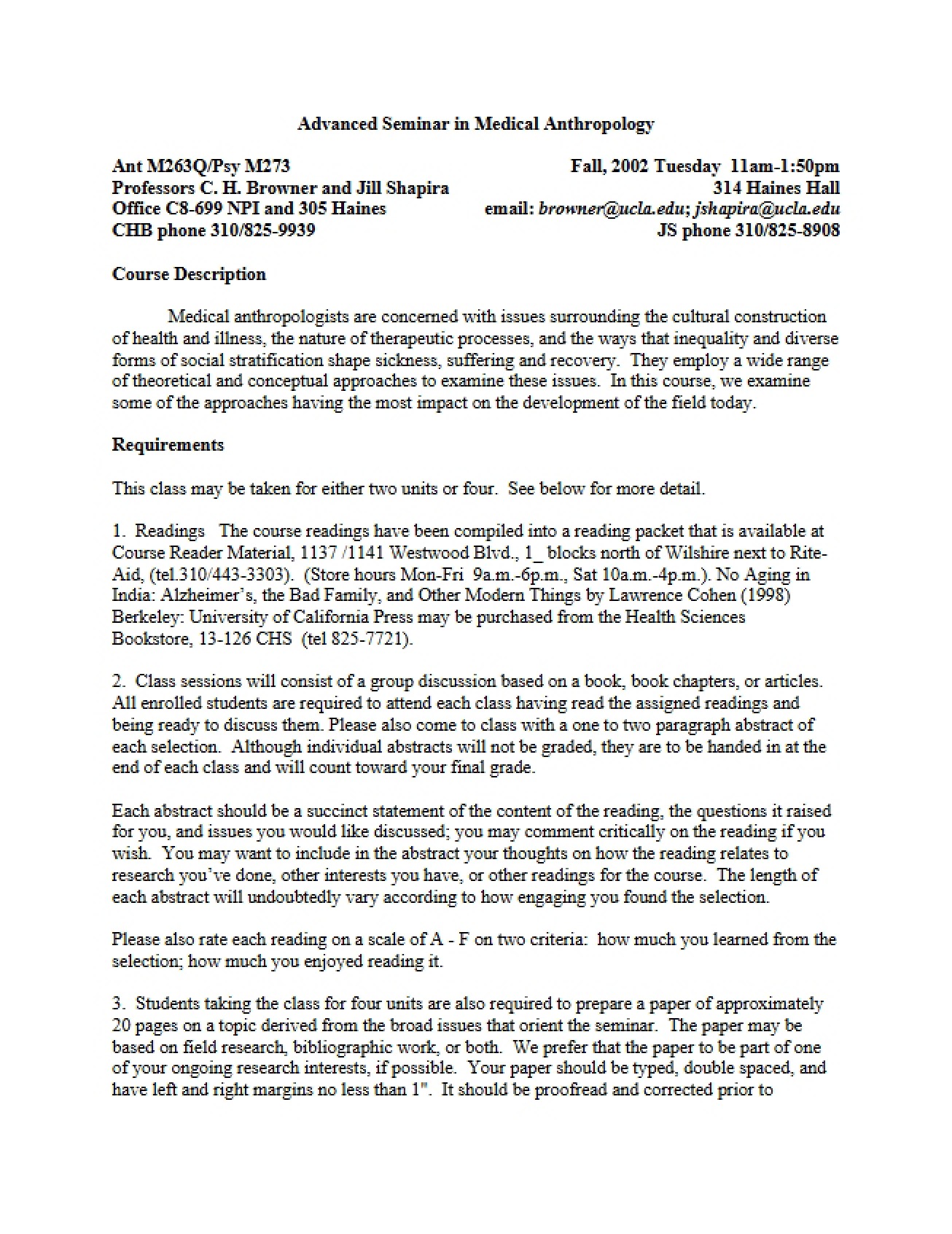 Syllabus for Advanced Seminar in Medical Anthropology