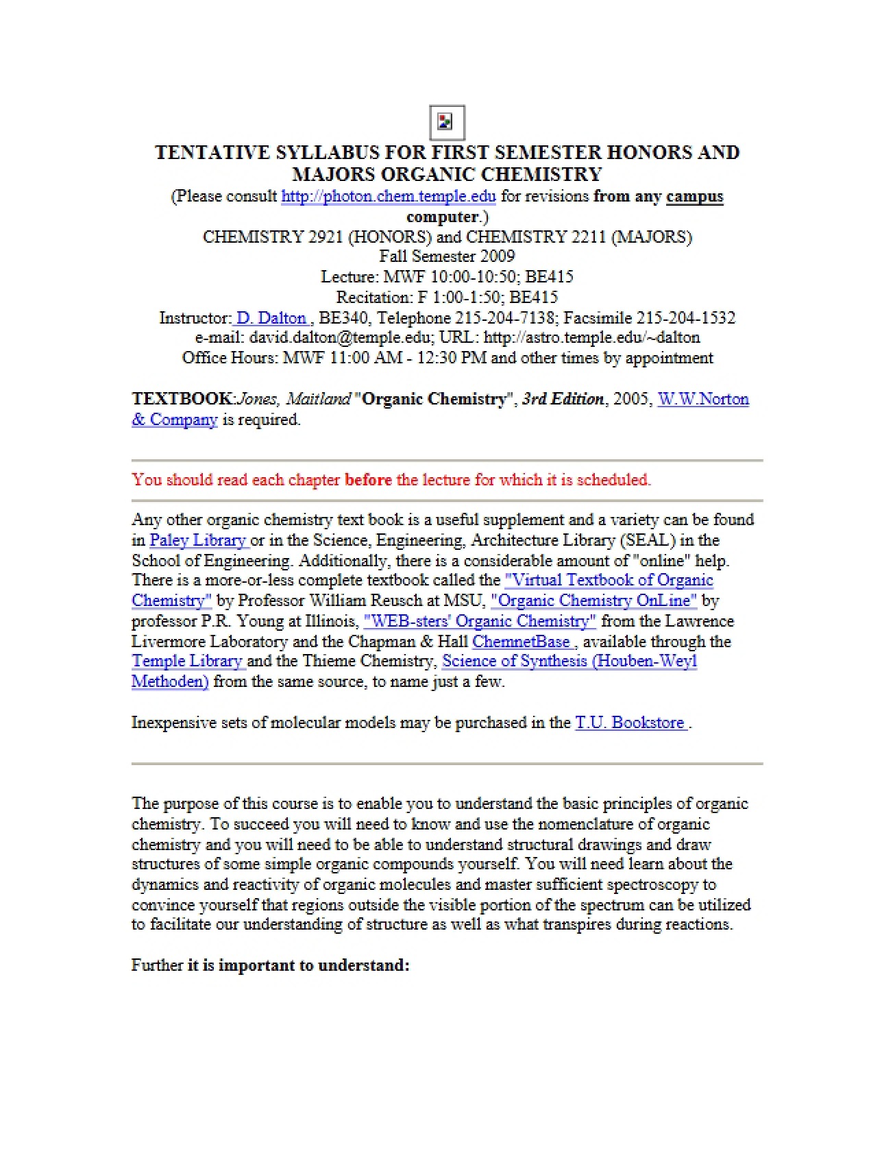 Preliminary Syllabus for Honors Organic Chemistry I