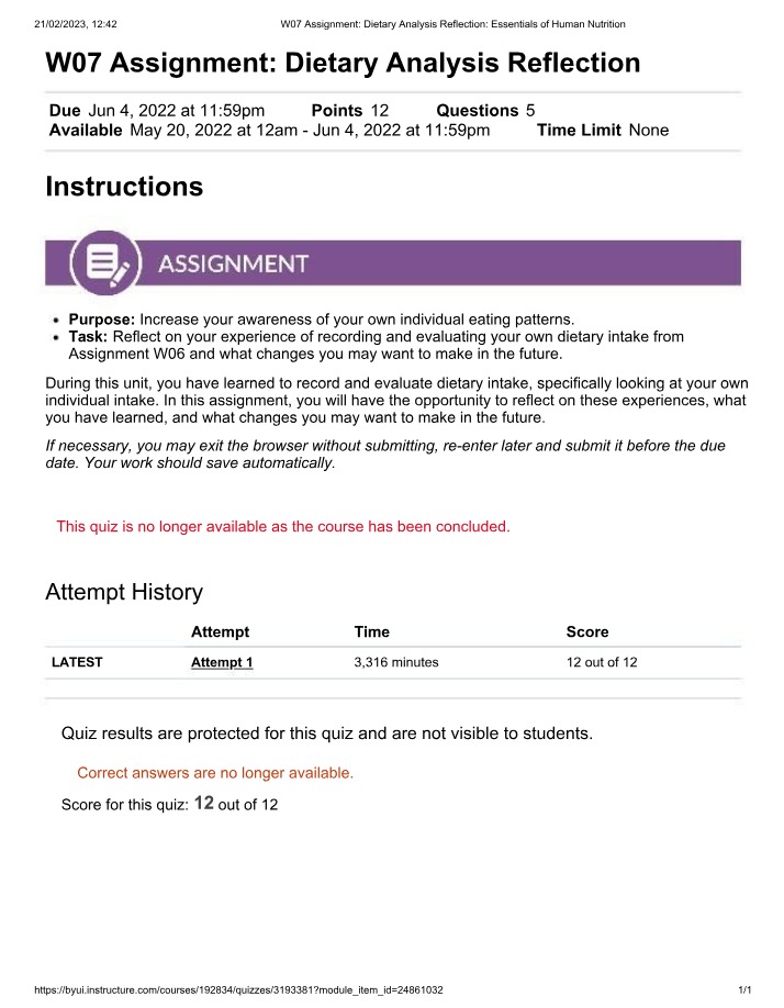 Week 7 Assignment - Dietary Analysis Reflection
