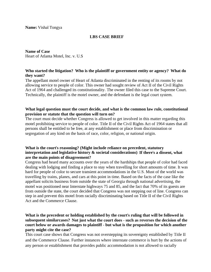 Case Brief - Heart of Atlanta Motel, Inc. v. U.S