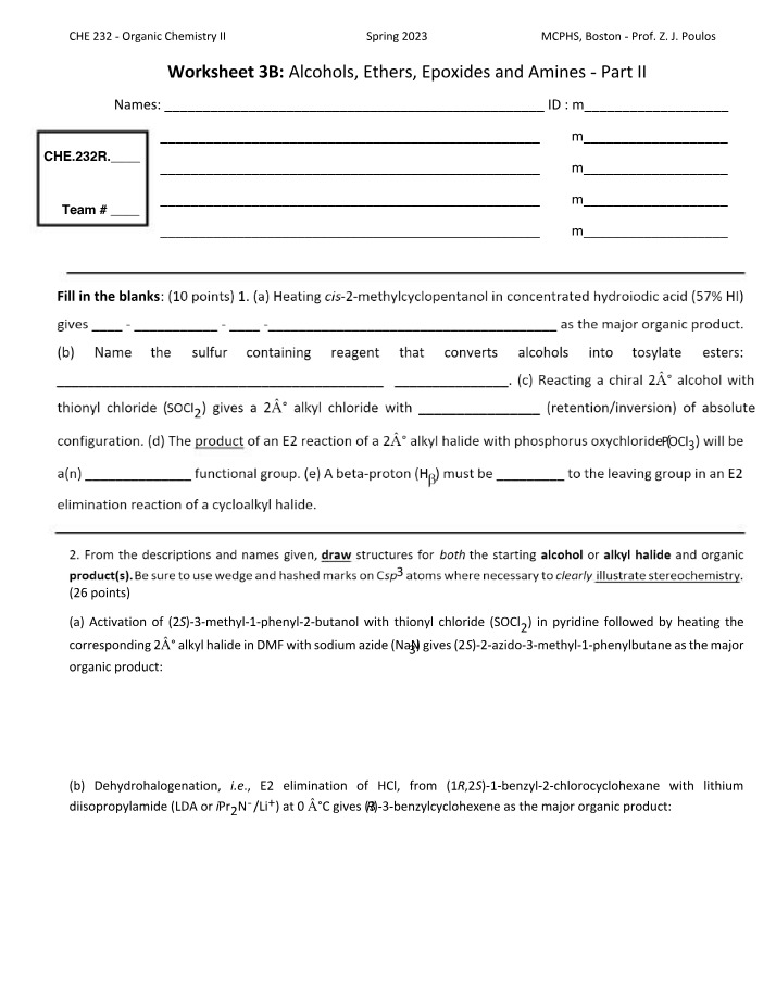 Organic Chemistry Worksheet 3B Epoxides and Amines