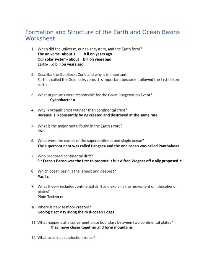 Worksheet on the Formation and Structure of the Earth and Ocean Basins