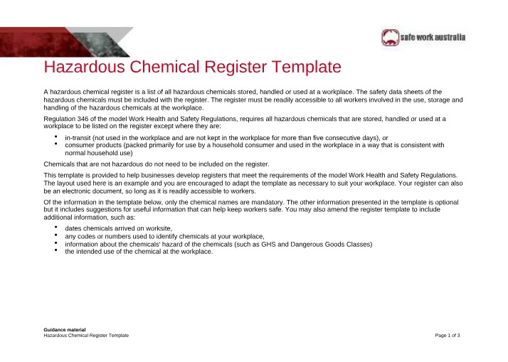 Template for Hazardous Chemical Register
