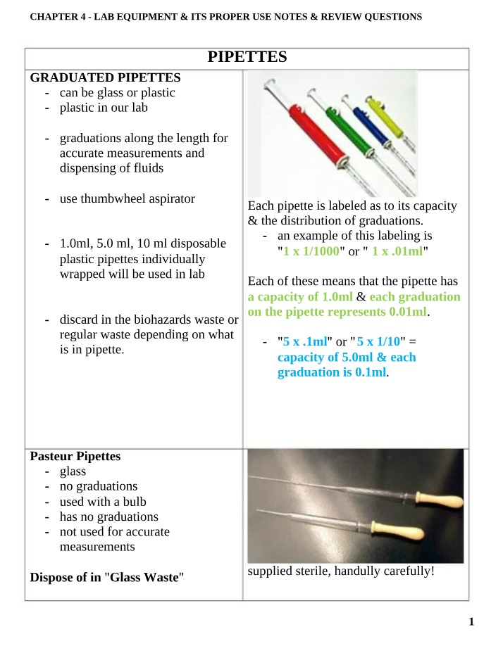 Notes and Review Questions for Lab Equipment
