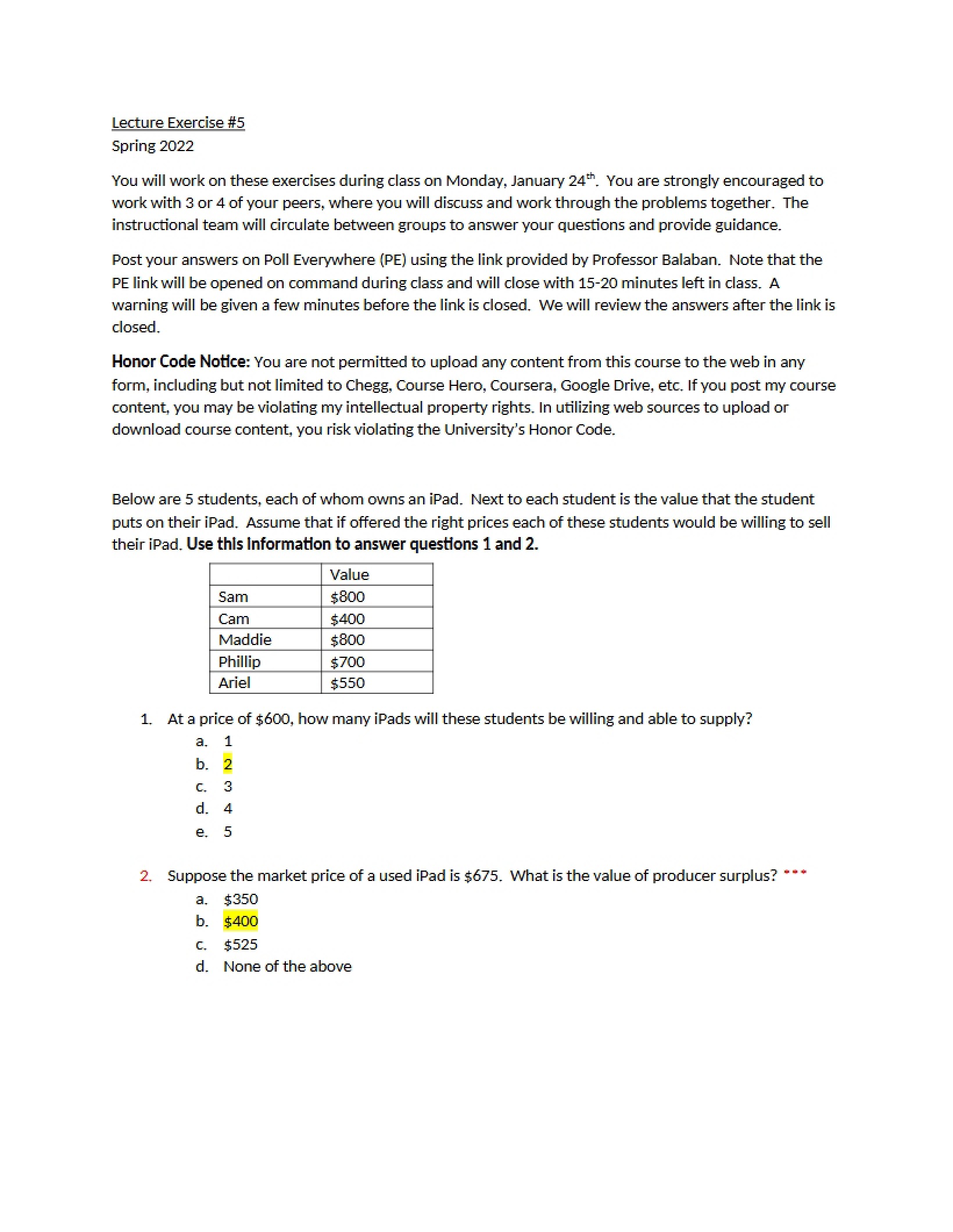 Exercise Five for Lecture