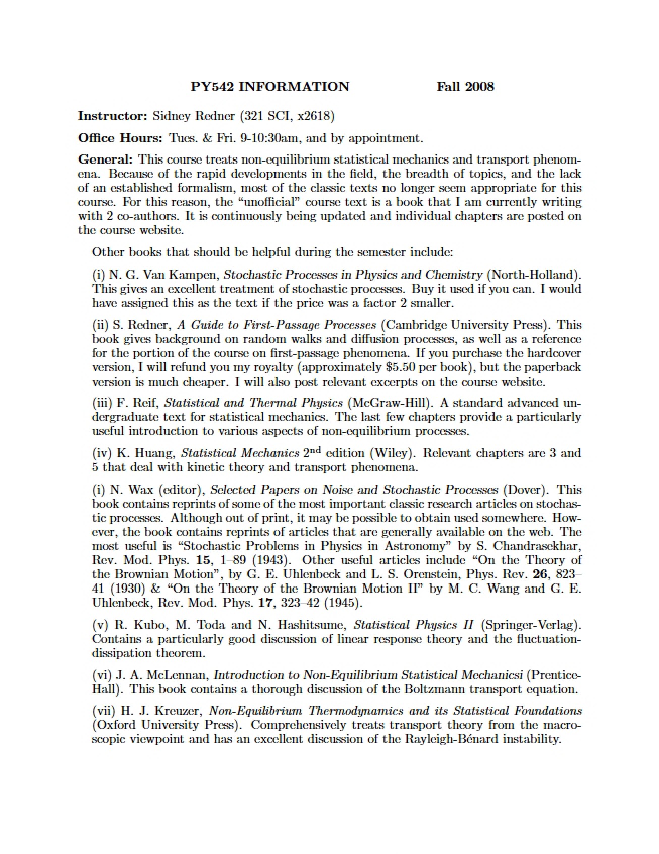Statistical Mechanics Course Info I