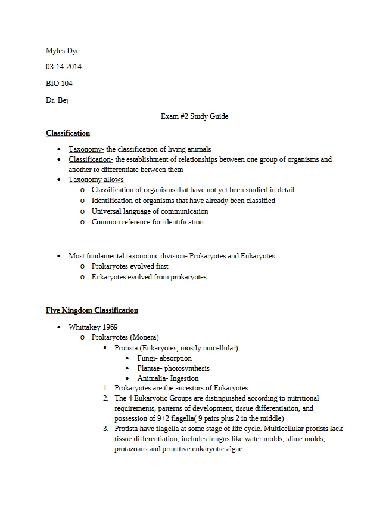 Study Guide for the Second Examination in Principles of Biology II
