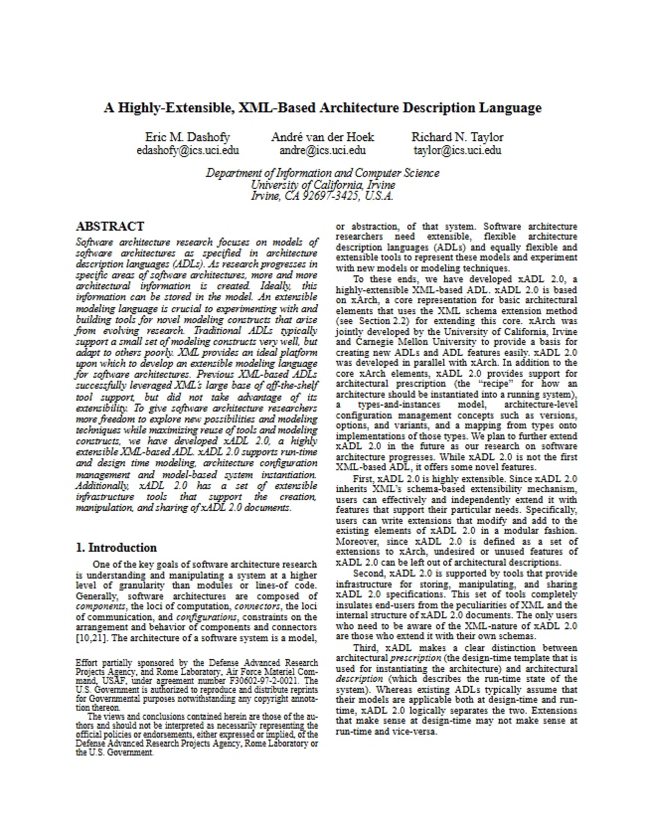 Architecture Description Language: Highly-Extensible XML-Based