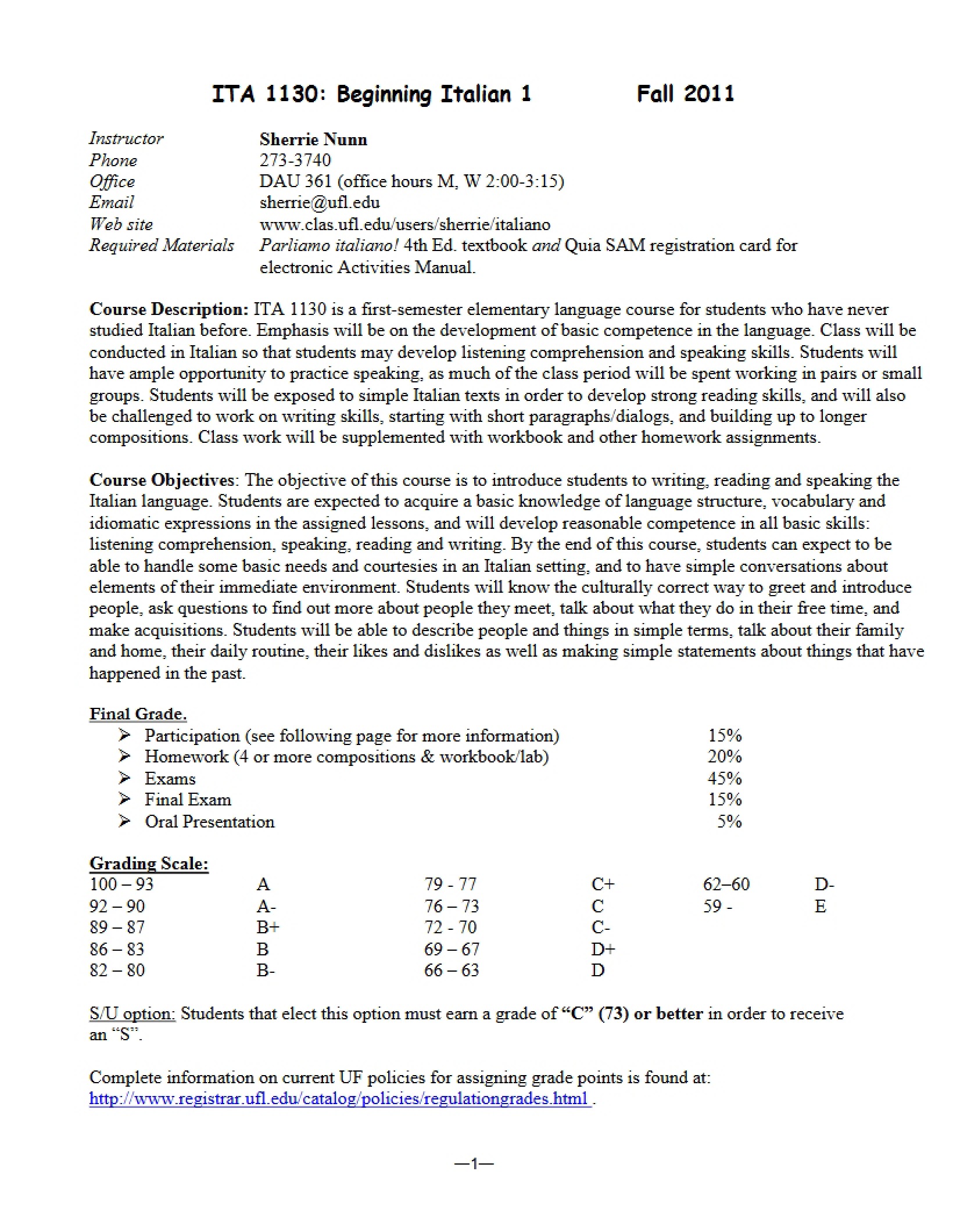 Italian Course Syllabus