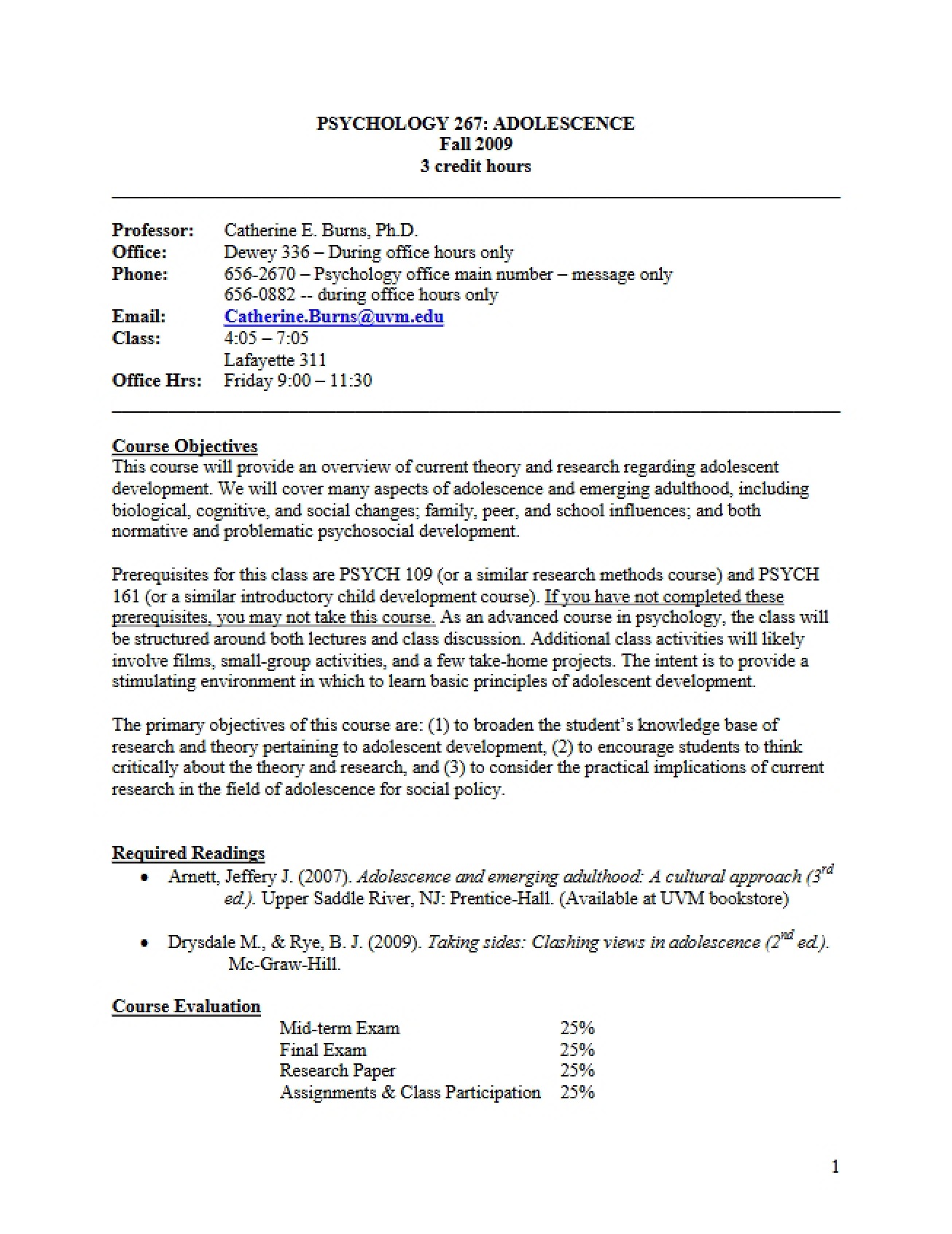Course Outline for Adolescence