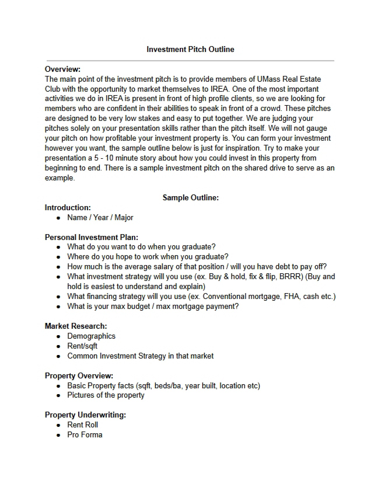 Outline for Investment Pitch