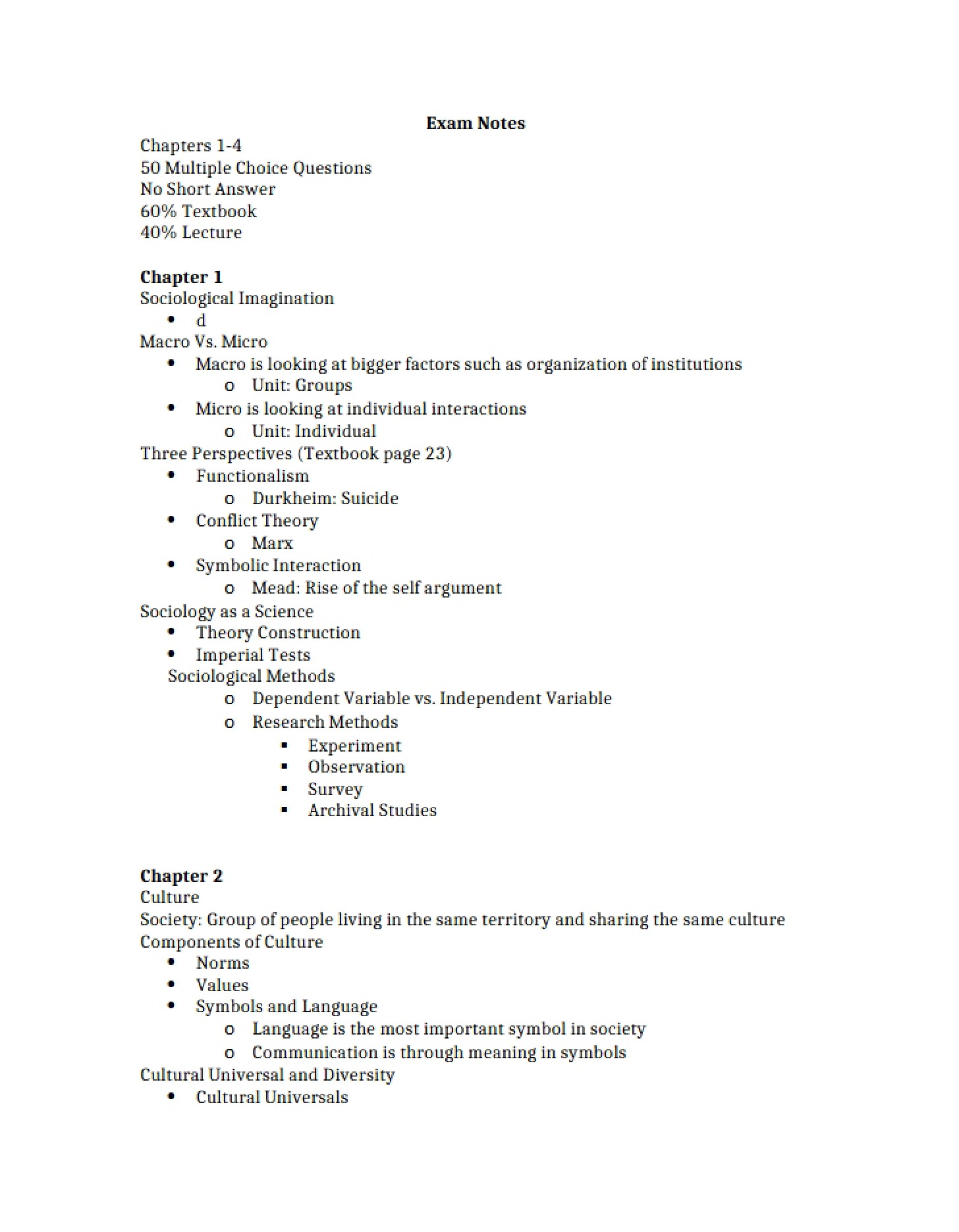 Notes for the Exam