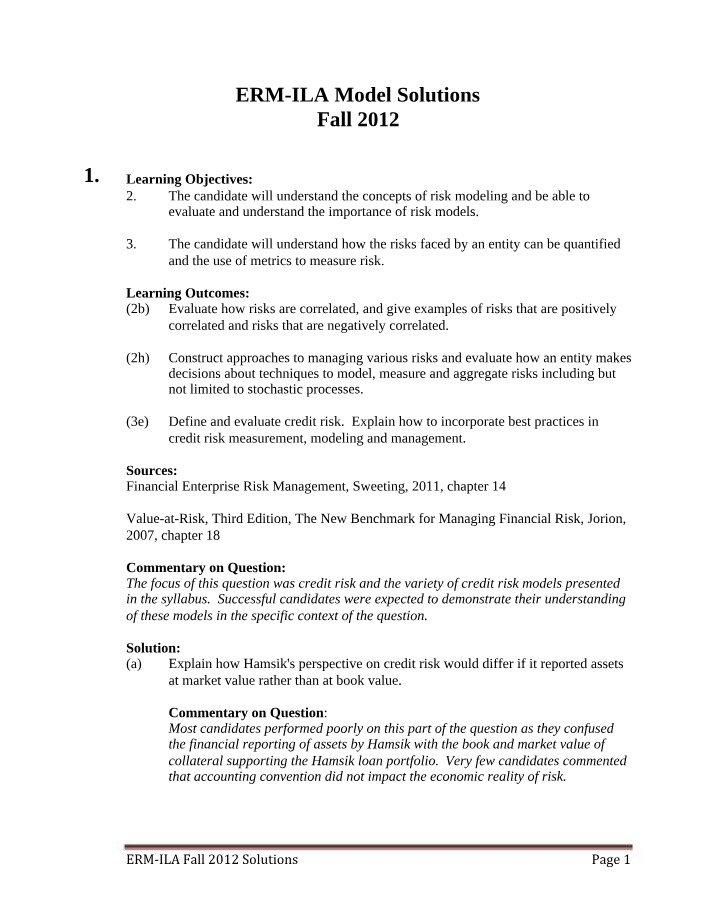 Fall 2012 Model Solutions for ERM-ILA