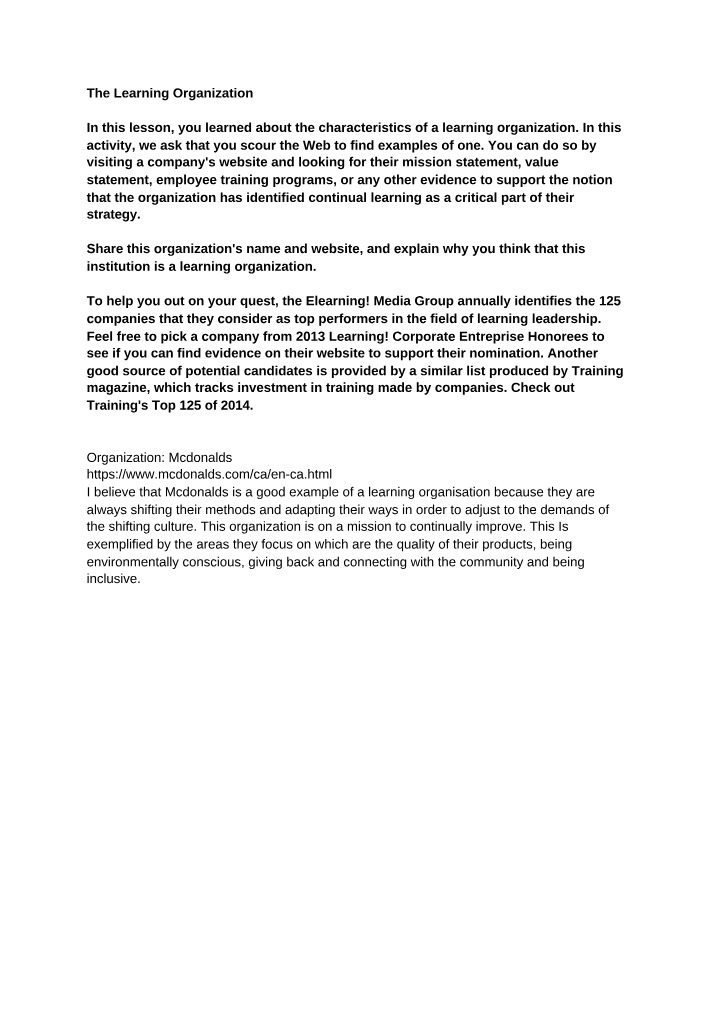 EDUC 240 Case Study - McDonalds Learning Organization