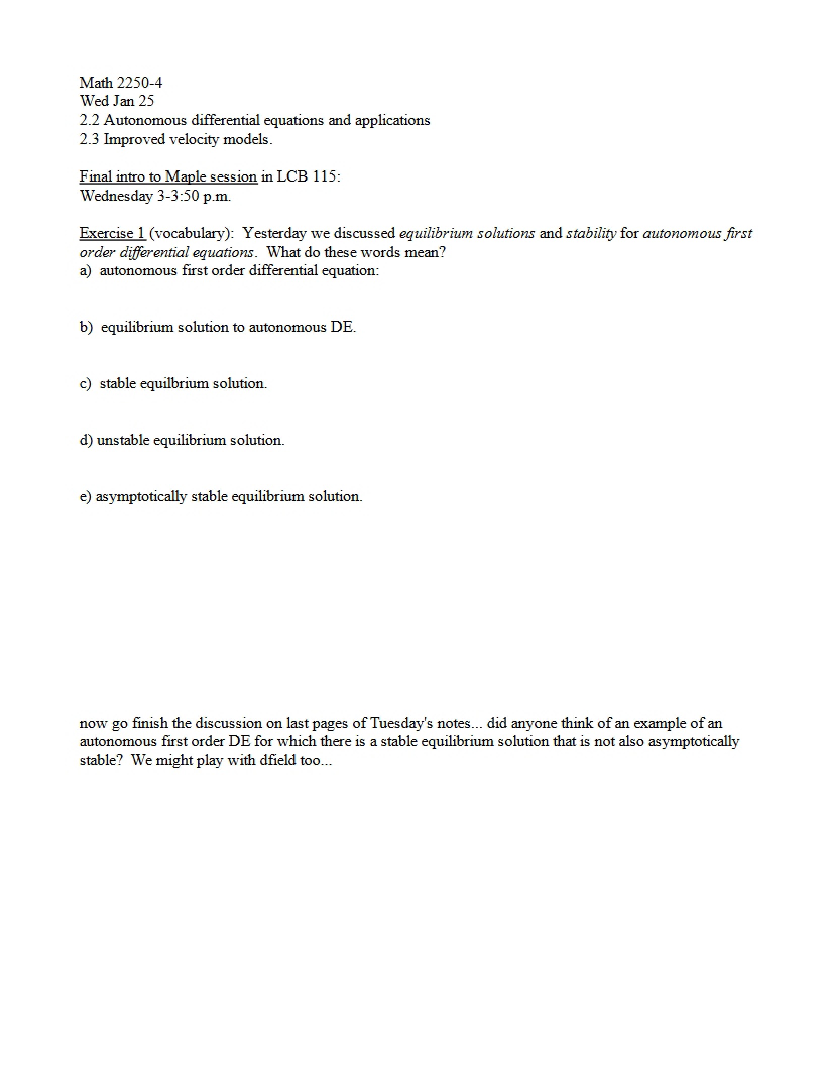 Problem Sets for Math 2250