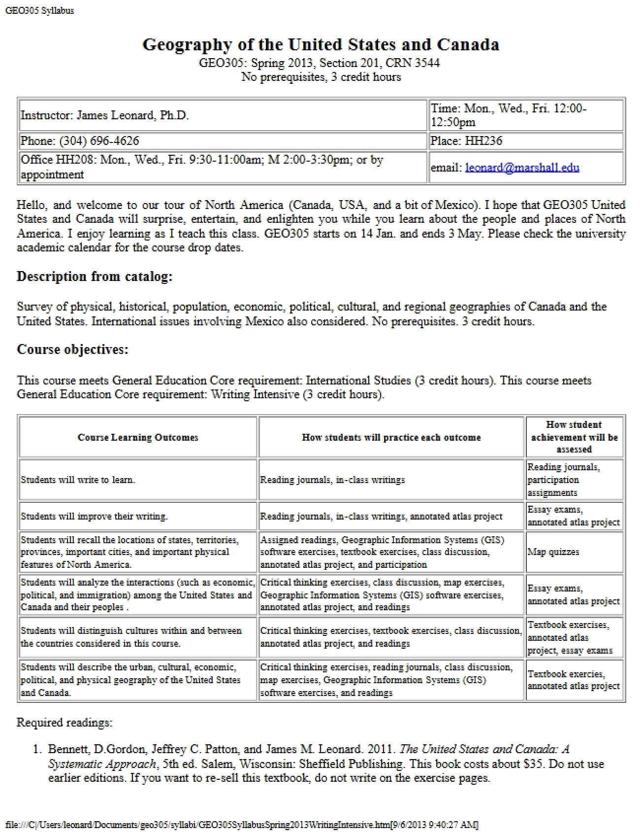 Geography of US and Canada Syllabus