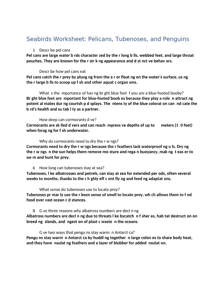 Worksheet on Seabirds - Pelicans, Tubenoses, and Penguins