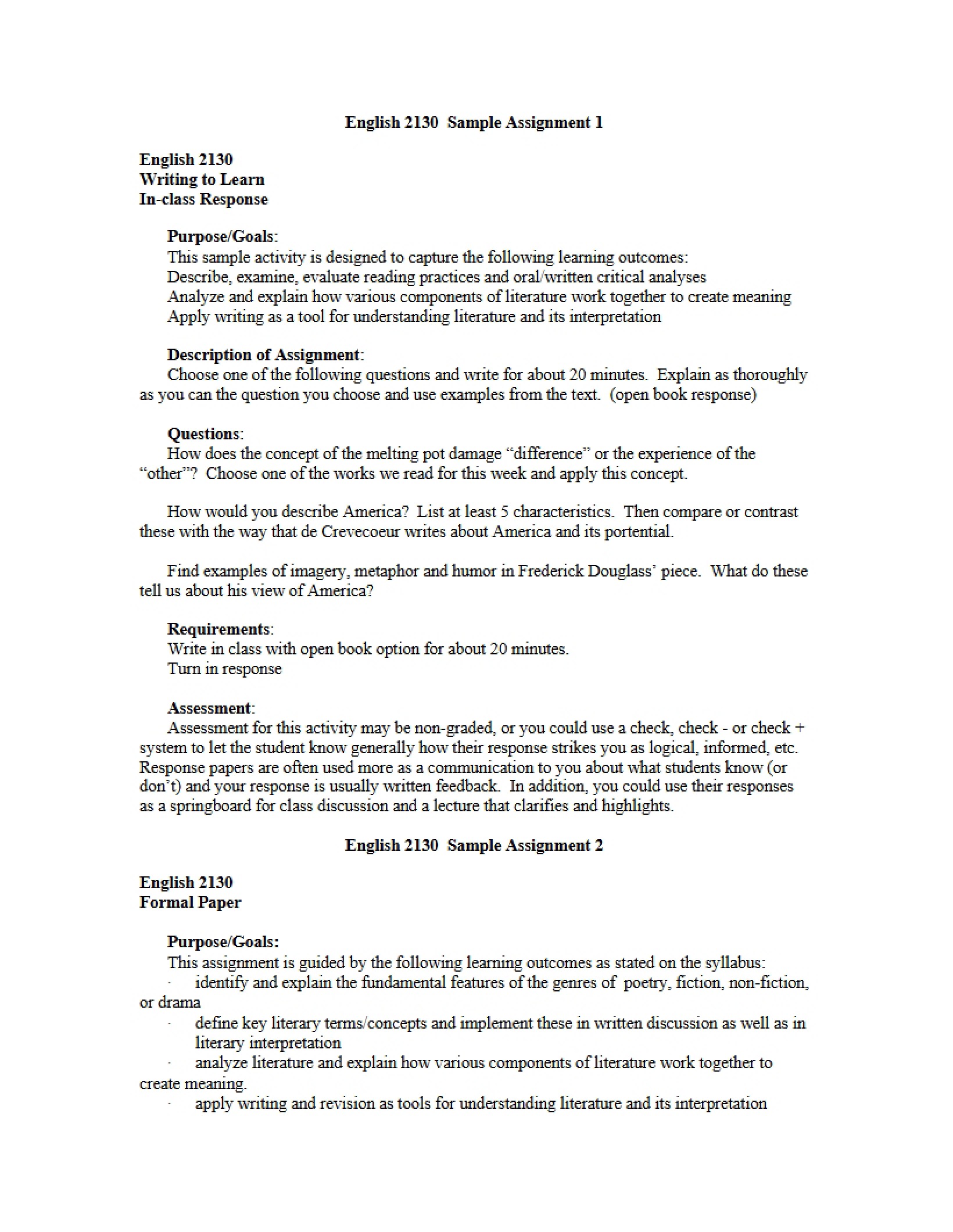 Examples of Assignments in American Literature