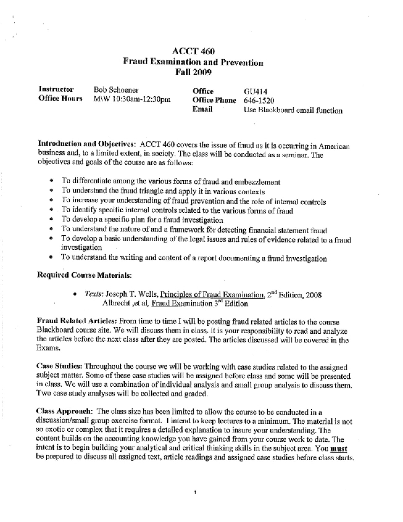 Fraud Examination and Prevention Syllabus from Fall 2009 by Dr. Bob Schoener