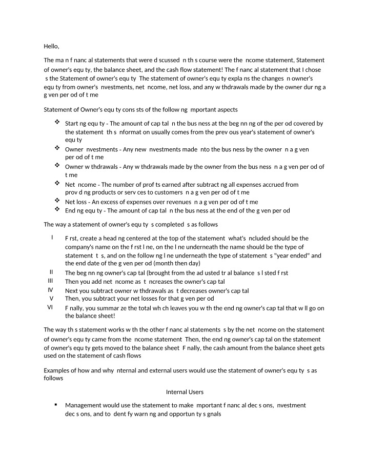 Notes on Statement of Owner's Equity