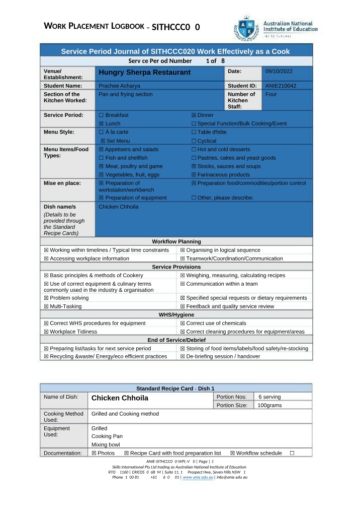 Work Effectively as a Cook - SITHCCC020 Logbook