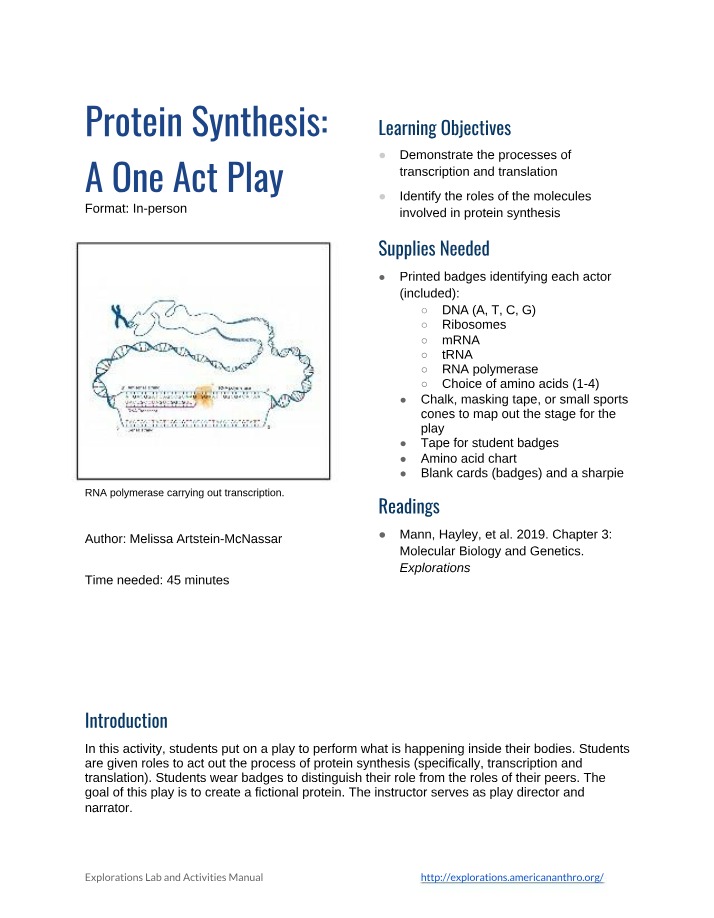 Protein Synthesis - A One Act Play on Transcription