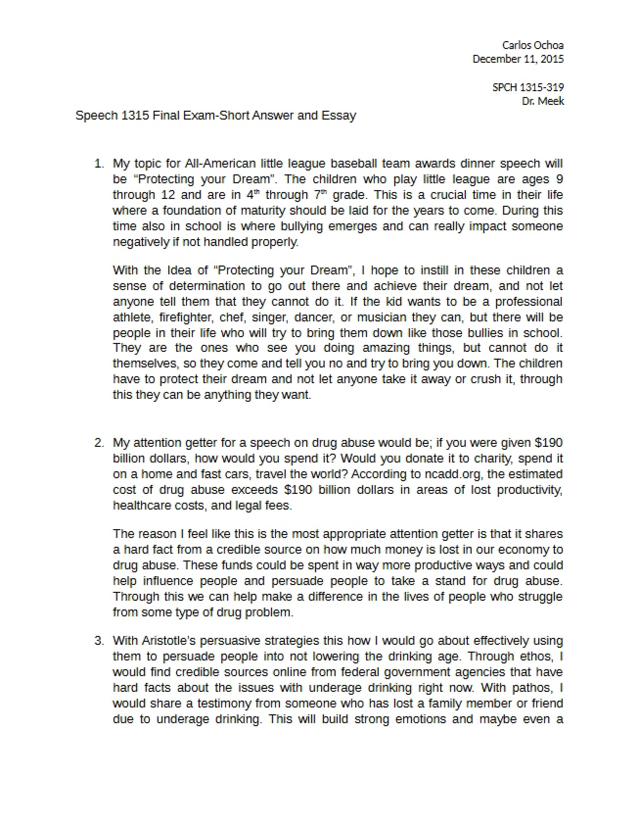 Public Speaking Final Exam Short Answer and Essay