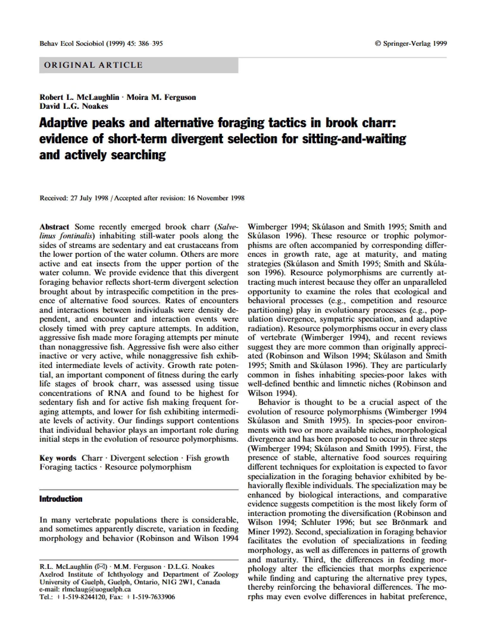 Brook Charr Alternative Foraging Tactics and Adaptive Peaks