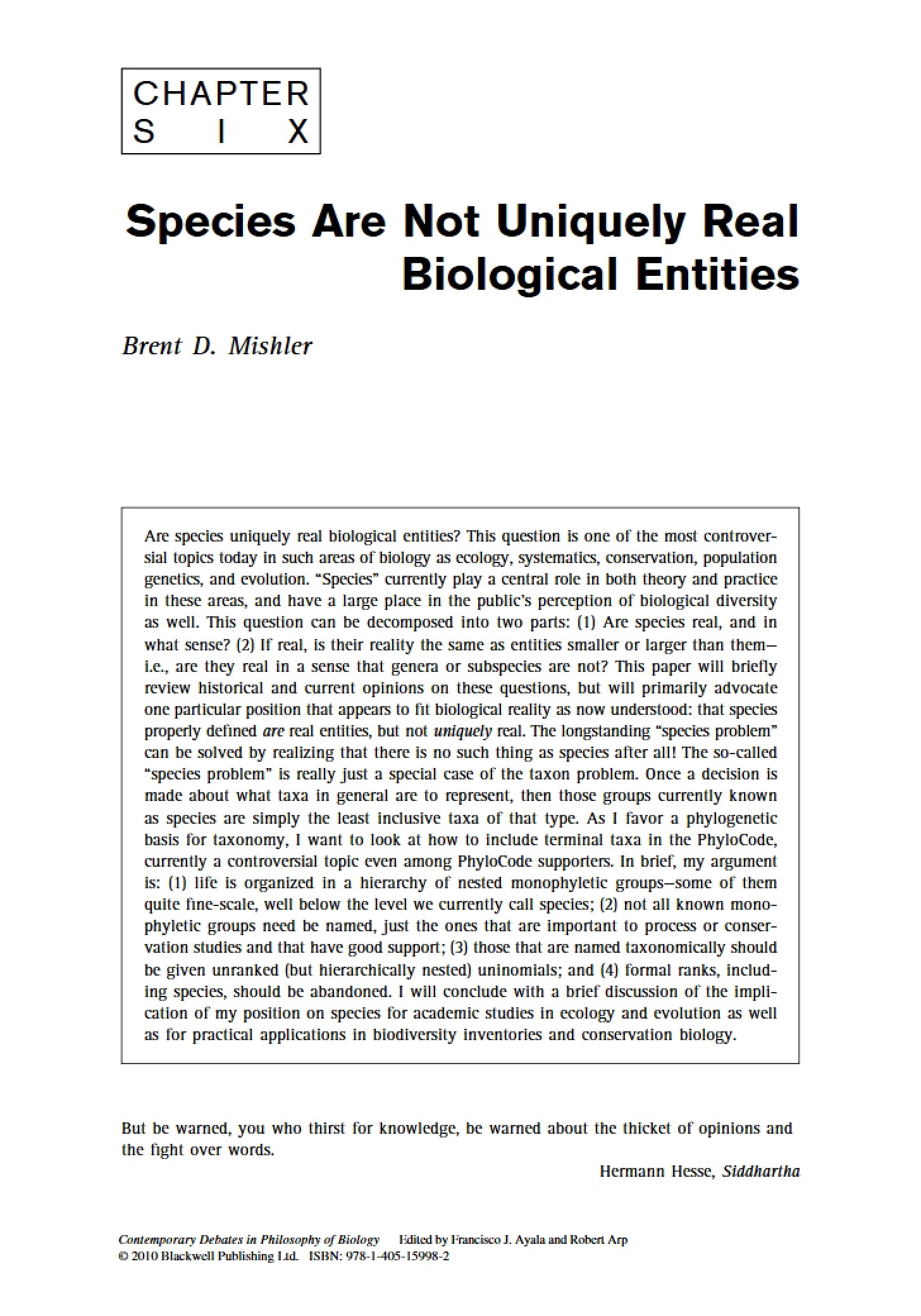 Biological Entities The Non-Uniqueness of Species