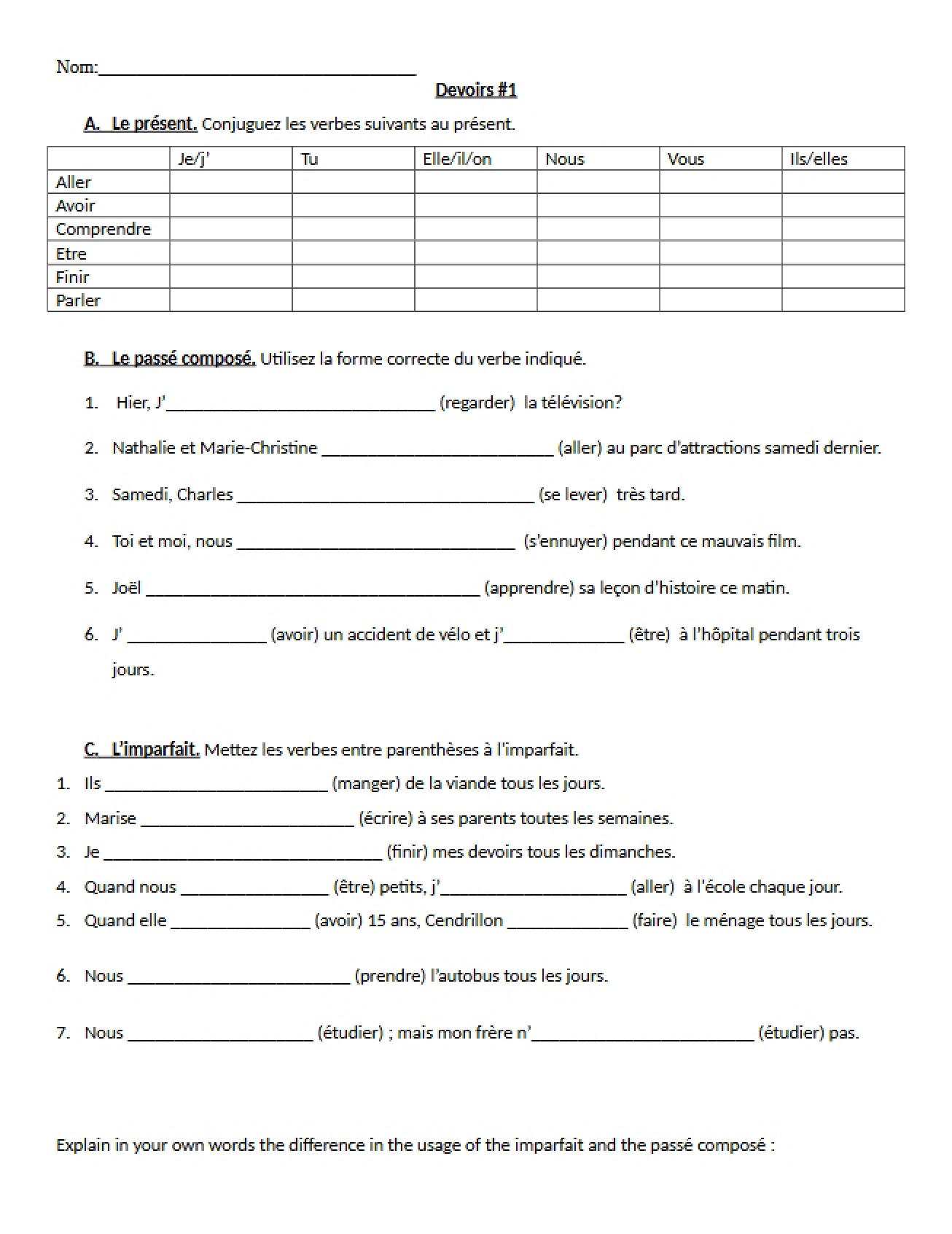 Intermediate French First Homework Set