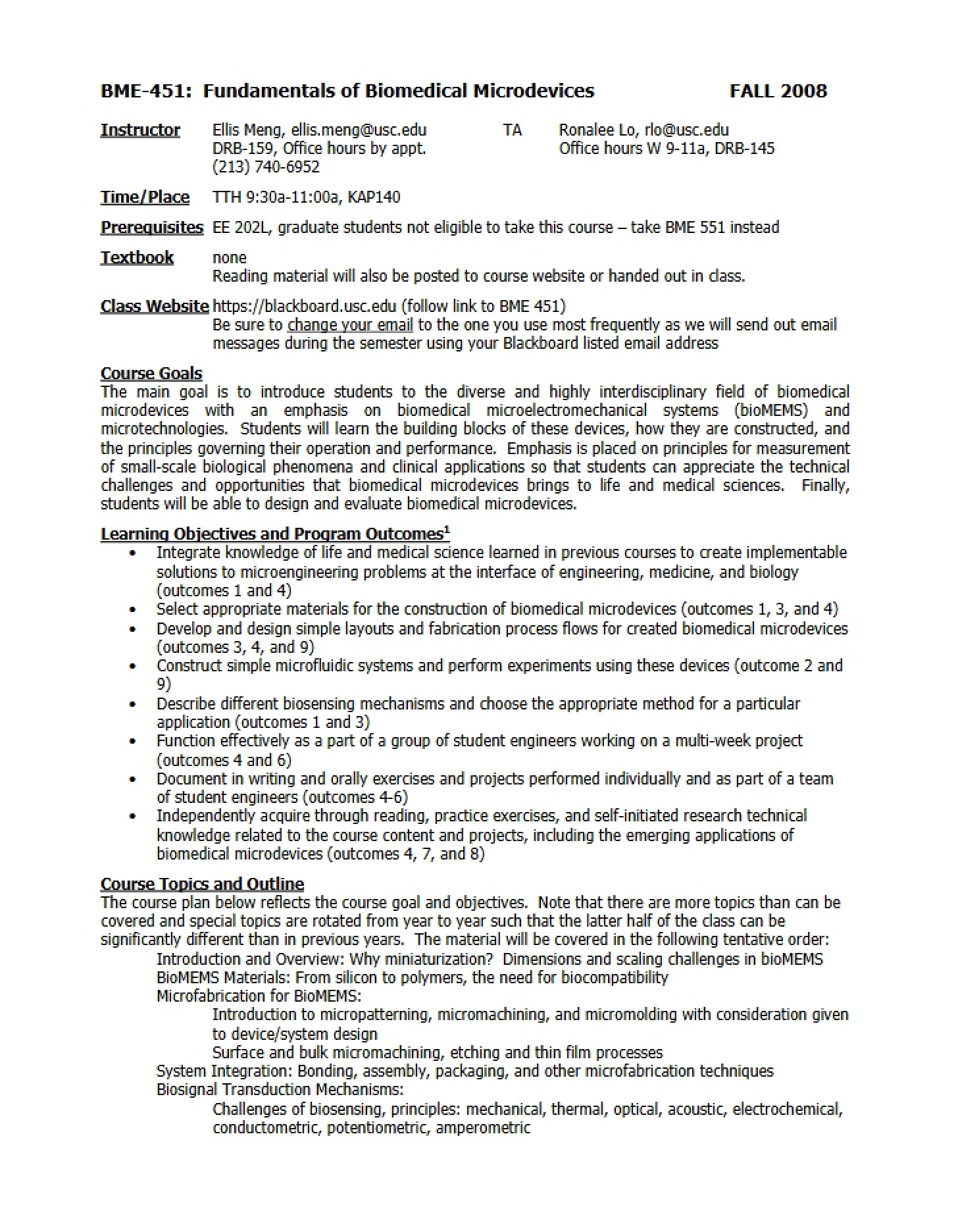 Syllabus for BME451 (Fall 2008)