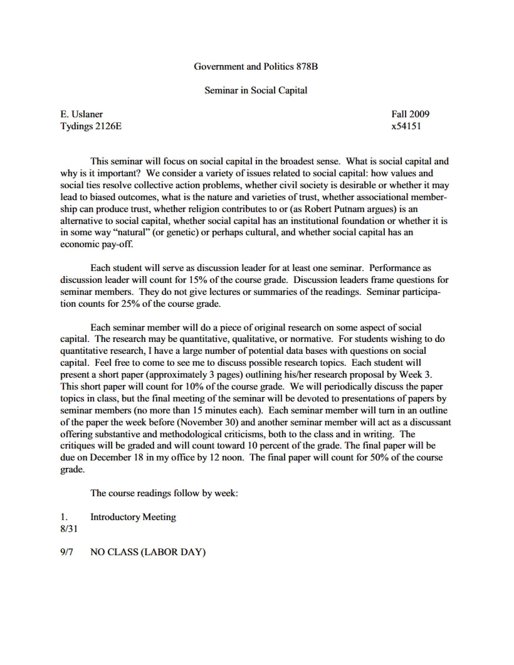 Social Capital Seminar Syllabus