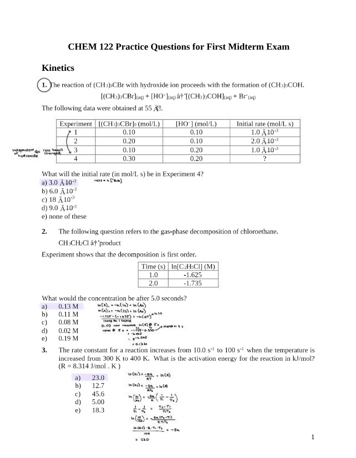 Kinetics and Equilibrium - CHEM 122 Midterm Practice