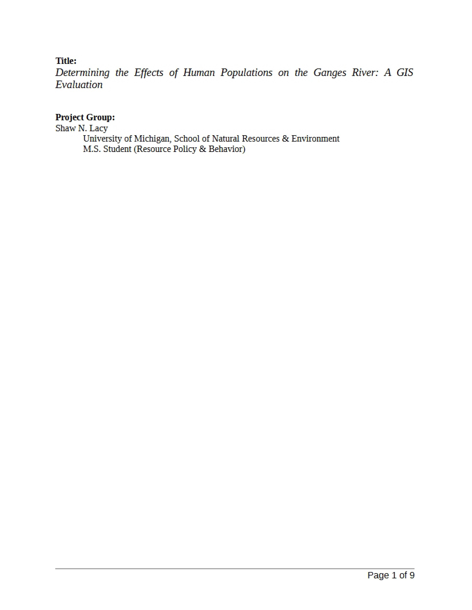 Ganges River GIS Evaluation Workplan 2003