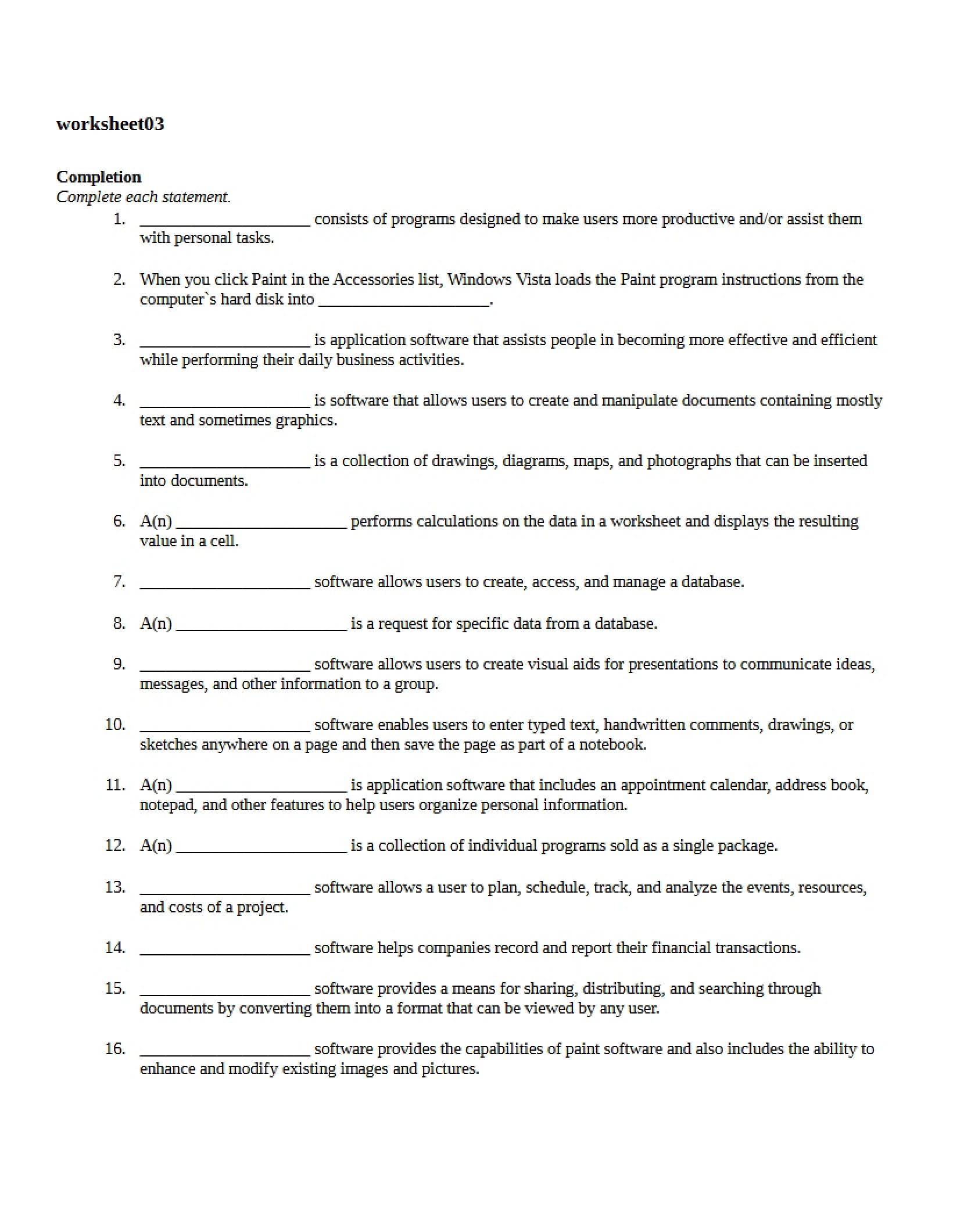 Third Worksheet